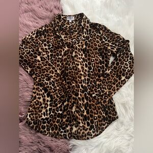 Express Leopard Slim V-Neck Portofino Shirt, Size S